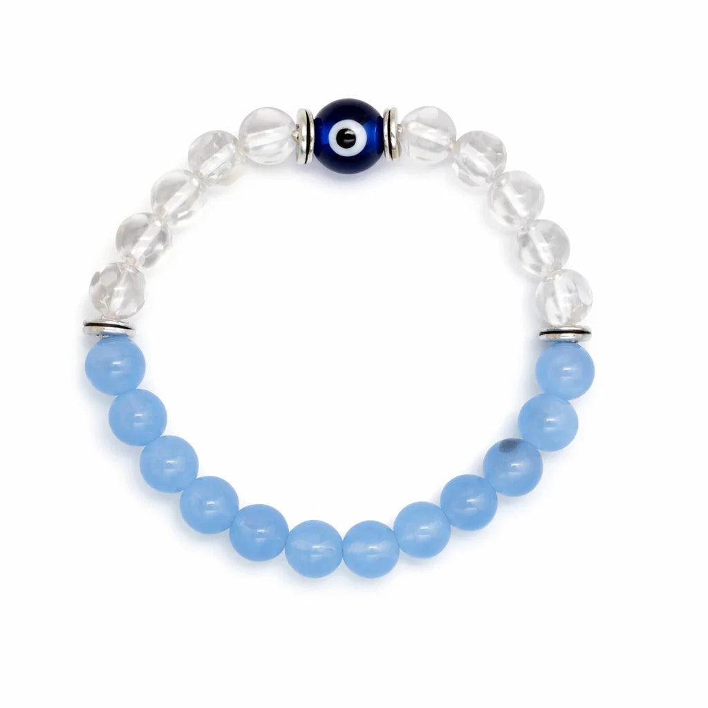 Aquarius Birthstone Crystal Bracelet – Vastu Remedy for Clarity & Communication with Clear Quartz & Blue Lace Agate | 8mm Beads