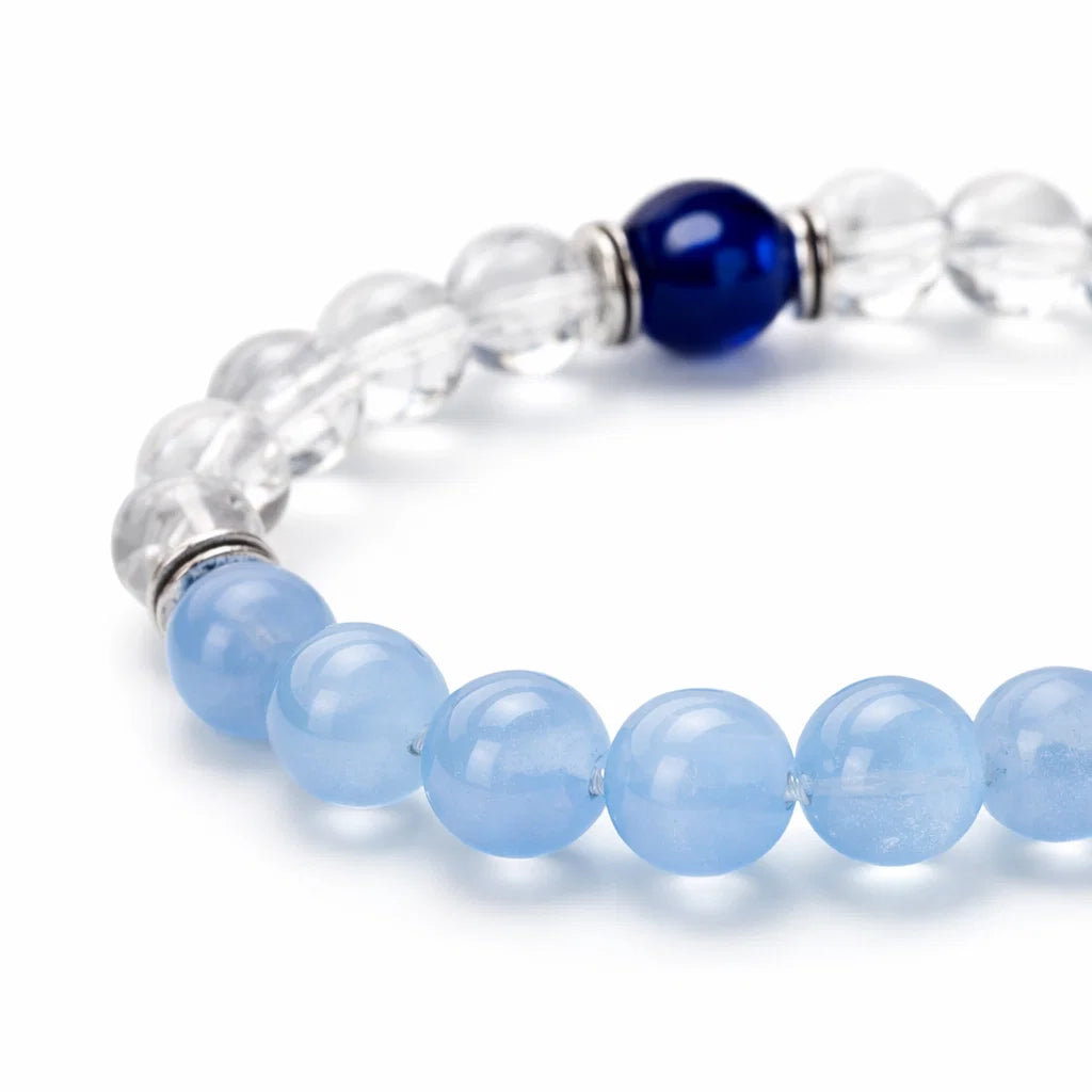 Aquarius Birthstone Crystal Bracelet – Vastu Remedy for Clarity & Communication with Clear Quartz & Blue Lace Agate | 8mm Beads