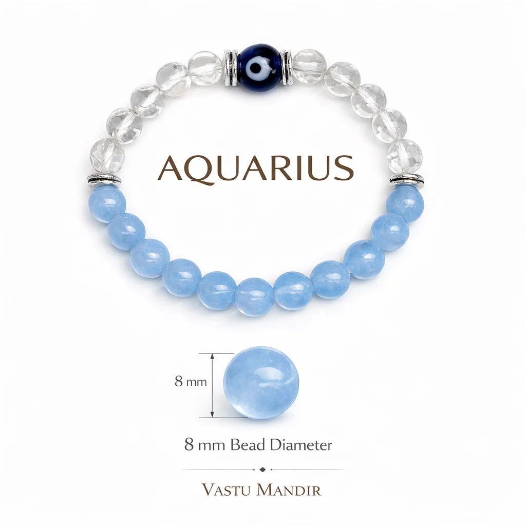 Aquarius Birthstone Crystal Bracelet – Vastu Remedy for Clarity & Communication with Clear Quartz & Blue Lace Agate | 8mm Beads