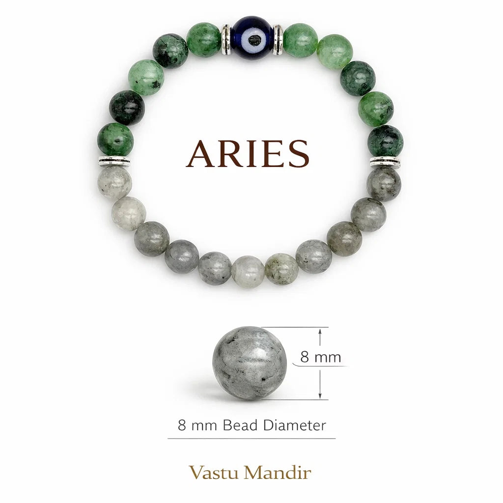 Aries Zodiac Crystal Bracelet – Vastu Remedy for Confidence & Impulse Control with  Labradorite & Green Aventurine | 8mm Beads