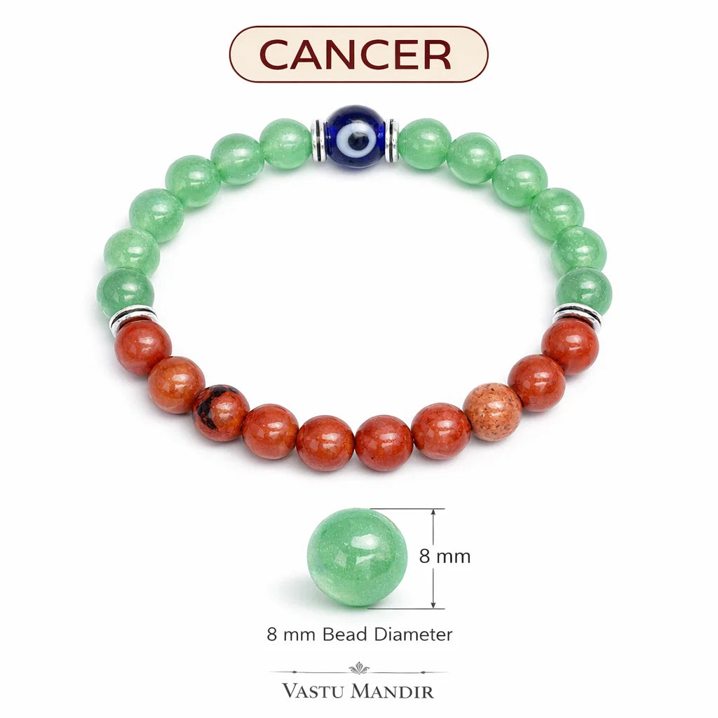 Cancer Zodiac Healing Bracelet 8mm — Aventurine & Red Jasper, Vastu Remedy