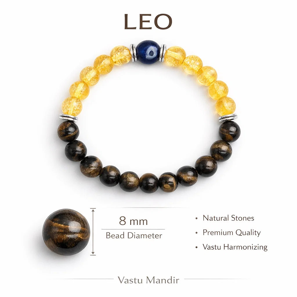 Leo Zodiac Healing Bracelet 8mm — Tiger's Eye & Citrine, Vastu Remedy for for Confidence