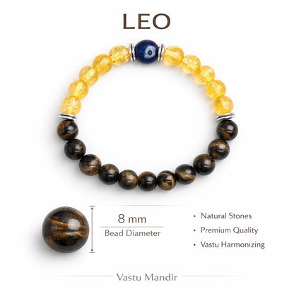 Leo Zodiac Healing Bracelet 8mm — Tiger's Eye & Citrine, Vastu Remedy for for Confidence