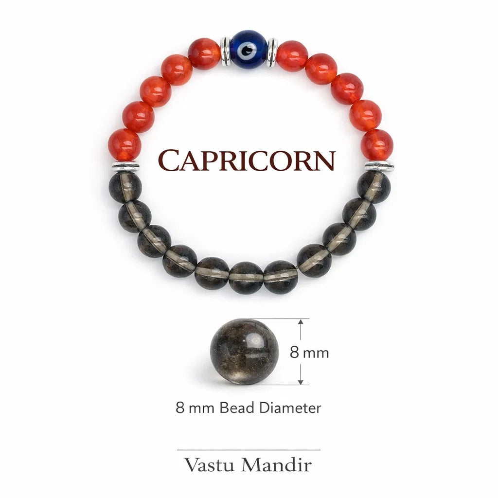 Capricorn Zodiac Crystal Bracelet – Vastu Remedy for Discipline with Smoky Quartz & Carnelian | 8mm Beads