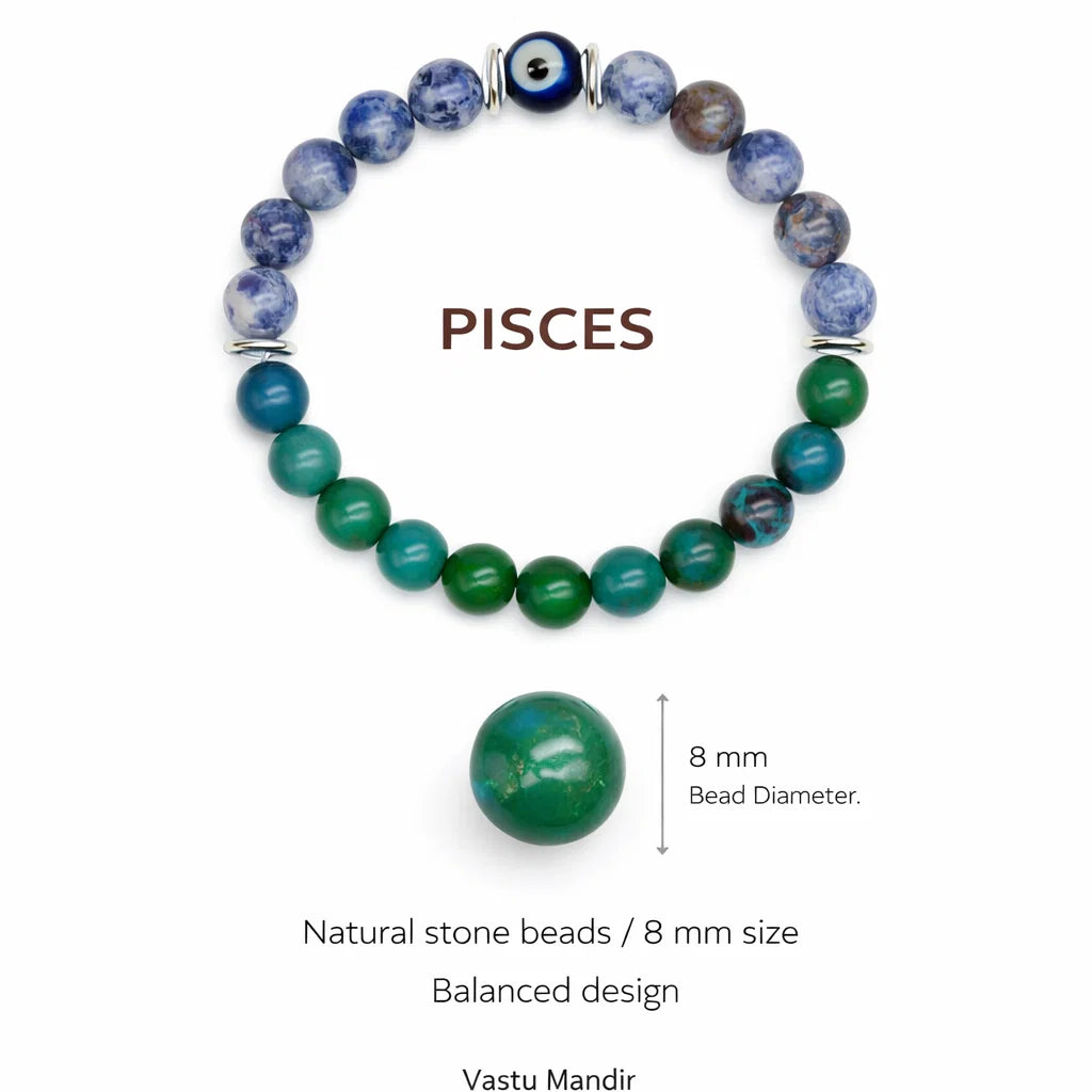 Pisces Zodiac Healing Bracelet 8mm — Sodalite & Chrysocolla Vastu Remedy for Intuition