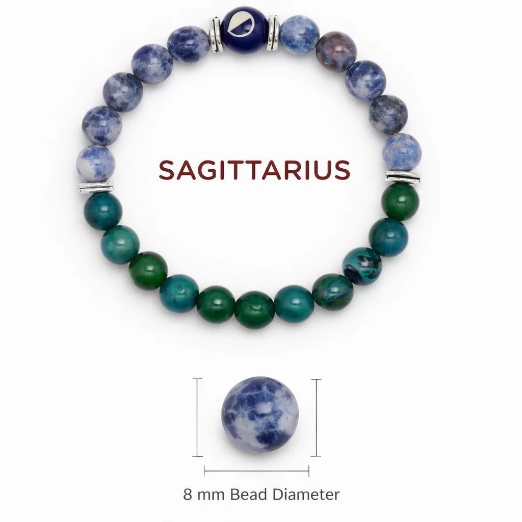 Sagittarius Zodiac Crystal Bracelet – Vastu Remedy for Wisdom with Sodalite & Chrysocolla | 8mm Beads
