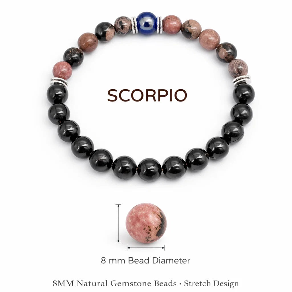 Scorpio Zodiac Crystal Bracelet – Vastu Remedy for Transformation with Rhodonite & Obsidian | 8mm Beads