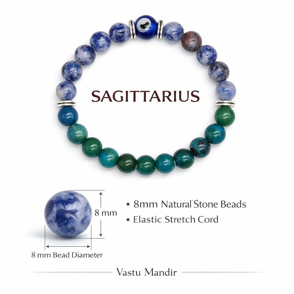 Sagittarius Zodiac Crystal Bracelet – Vastu Remedy for Wisdom with Sodalite & Chrysocolla | 8mm Beads