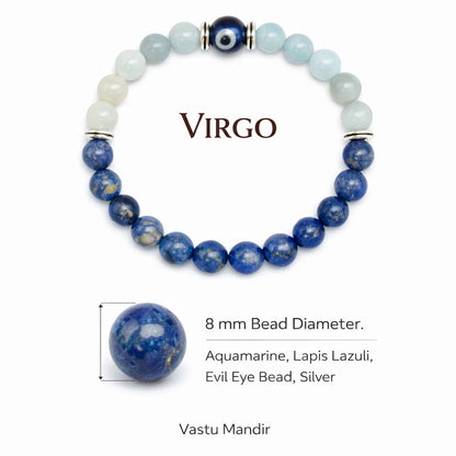 Virgo Zodiac Crystal Bracelet – Vastu Remedy for Clarity with Aquamarine & Lapis Lazuli | 8mm Beads