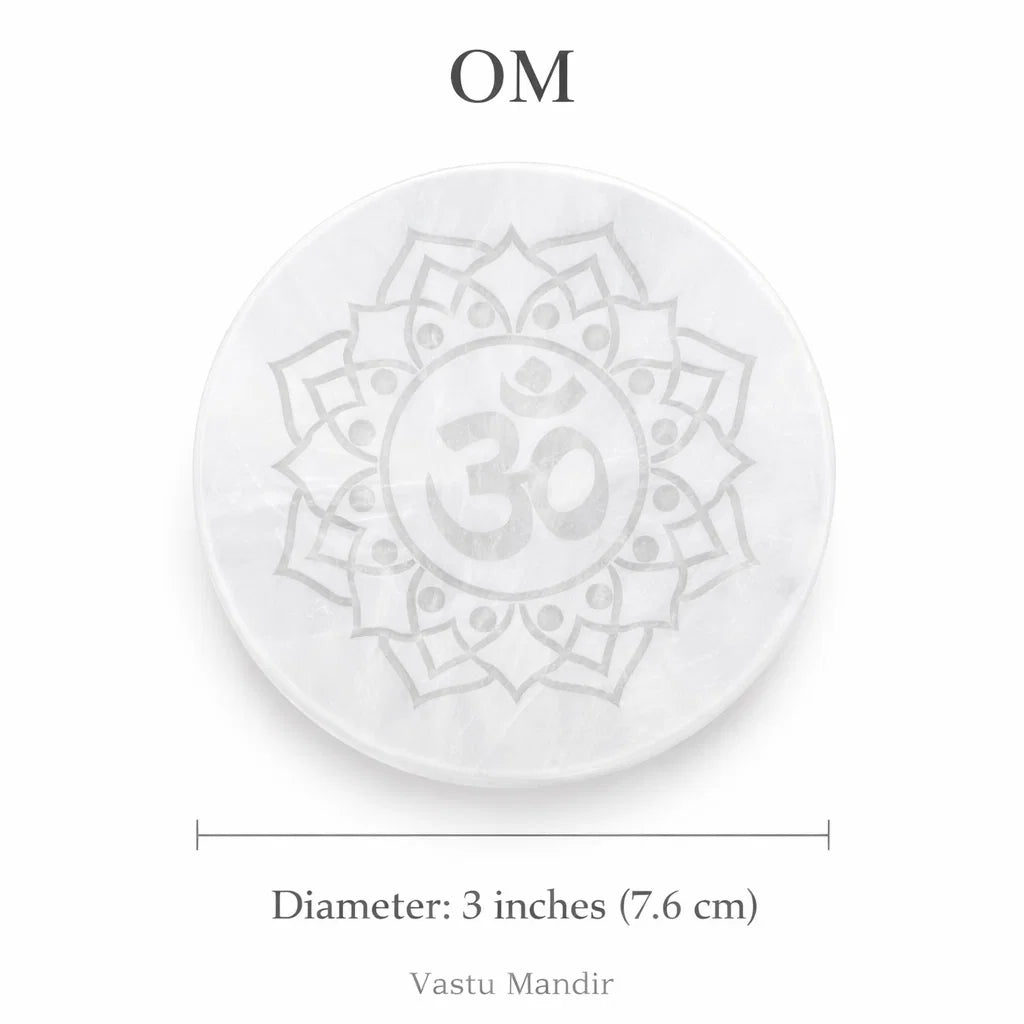 Om Symbol Selenite Plate – Vastu Remedy for Inner Harmony | High-Frequency Cleansing | 3 Inch