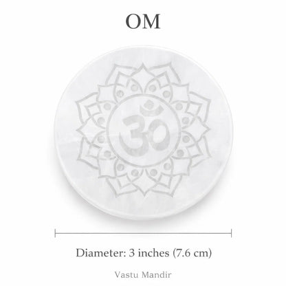 Om Symbol Selenite Plate – Vastu Remedy for Inner Harmony | High-Frequency Cleansing | 3 Inch