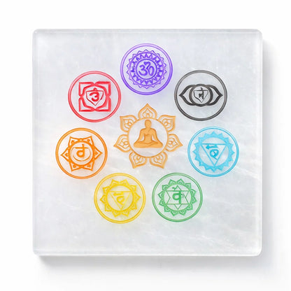Square 7 Chakra Selenite Plate – Vastu Remedy for Grounded Alignment | Energy Balancing | 3 Inch
