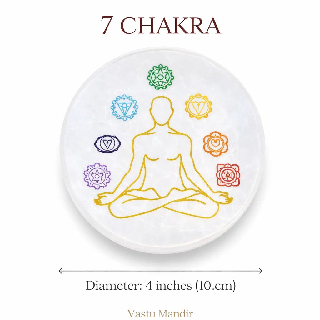 Round 7 Chakra Selenite Plate – Vastu Remedy for Spiritual Wholeness | Energy Flow | 4 Inch