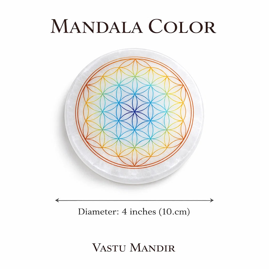 Colored Mandala Selenite Plate – Vastu Remedy for Meditation Focus | Spiritual Harmony | 4 Inch
