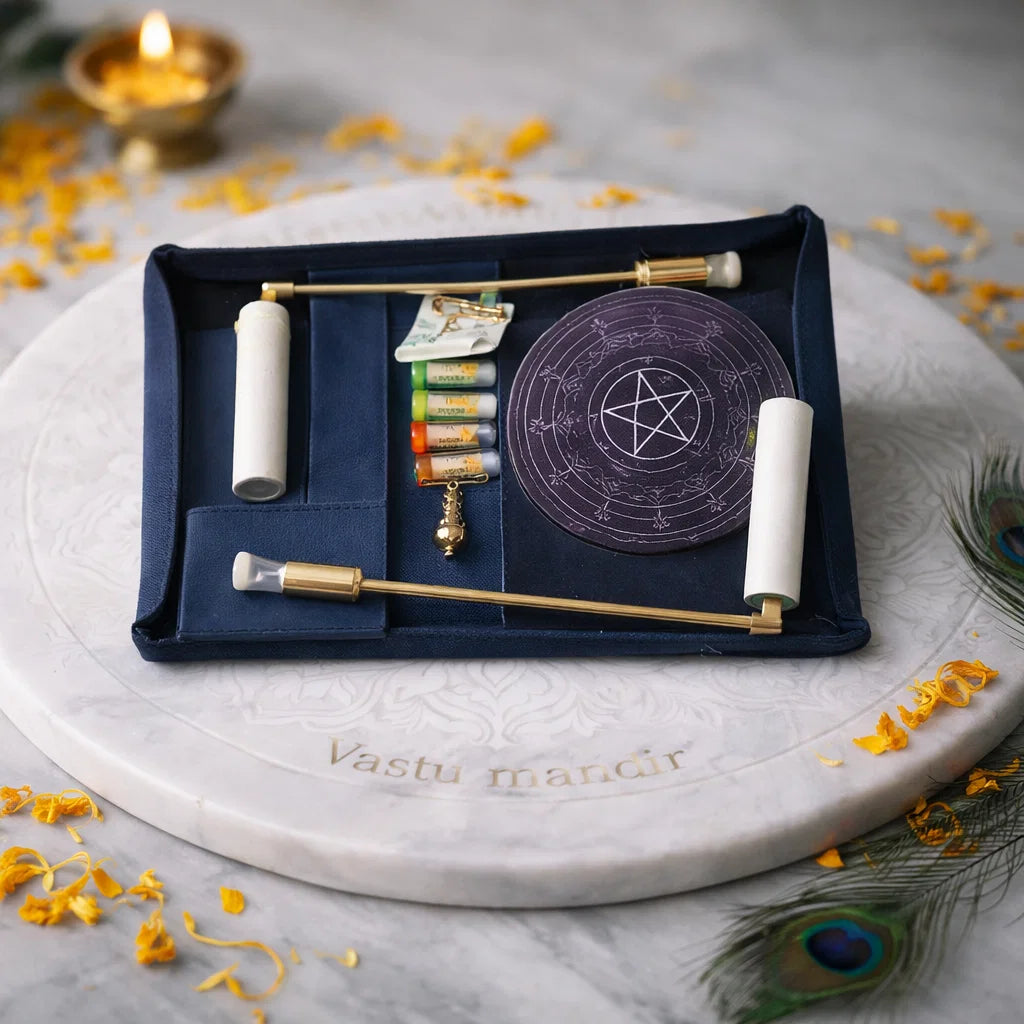 Brass Leather Dowsing Kit – Vastu Remedy for Professional Energy Scanning | L-Rods, Pendulum & Chart in Case