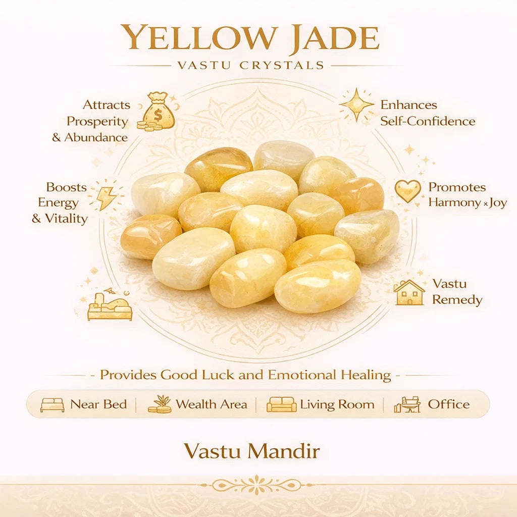 Yellow jade crystals with benefits listed on a white background