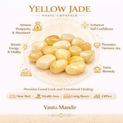 Yellow jade crystals with benefits listed on a white background