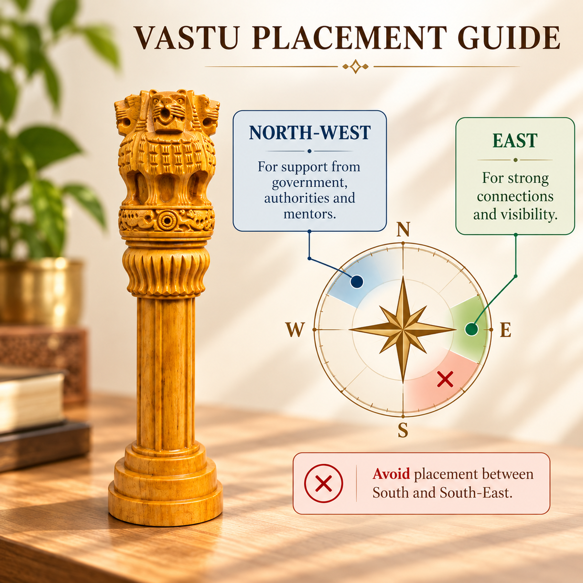 Wooden Finish Ashoka Pillar Idol Vastu Remedy for Authority, Recognition and Professional Growth for Home, Office and Table Decor | 3 - 12 inches