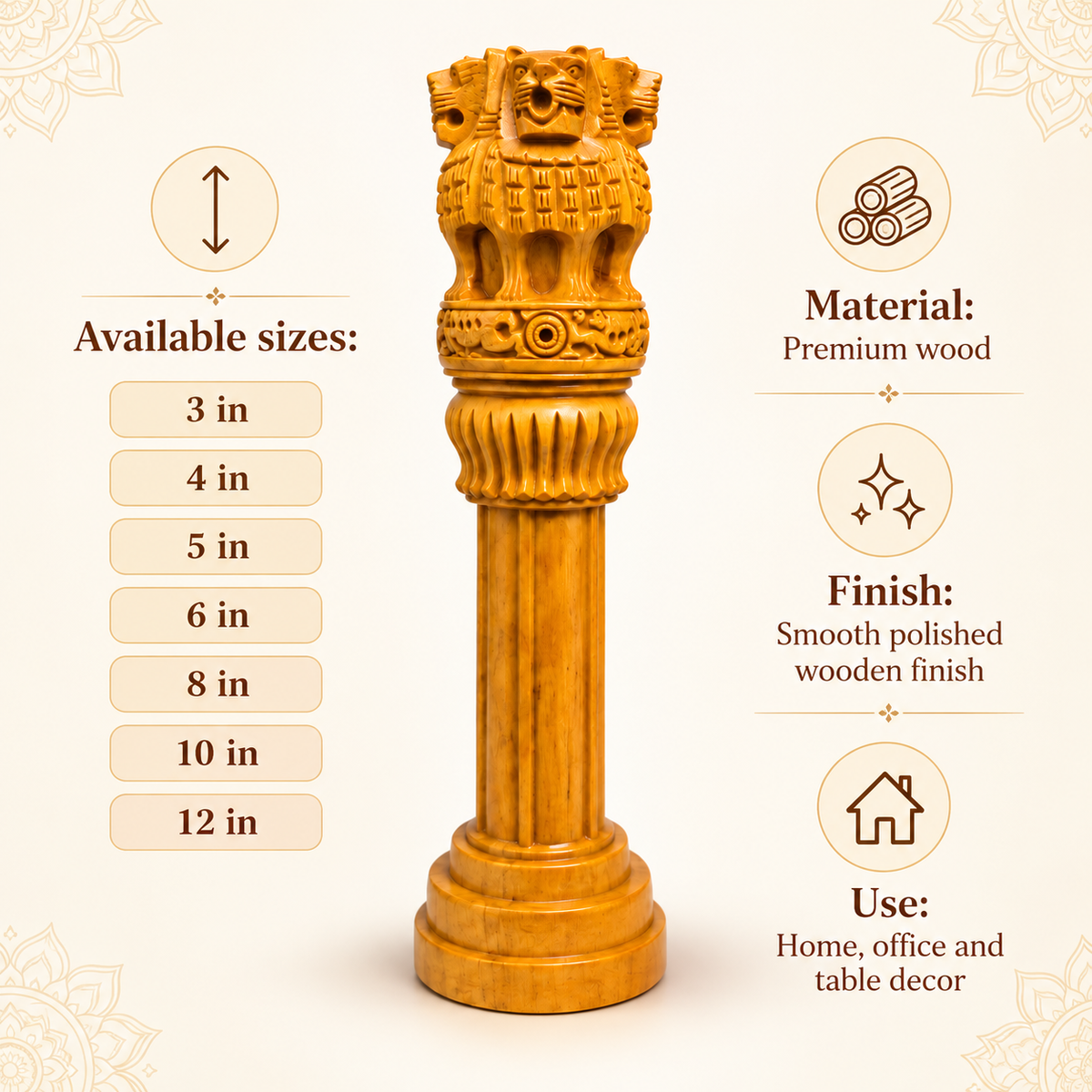Wooden Finish Ashoka Pillar Idol Vastu Remedy for Authority, Recognition and Professional Growth for Home, Office and Table Decor | 3 - 12 inches